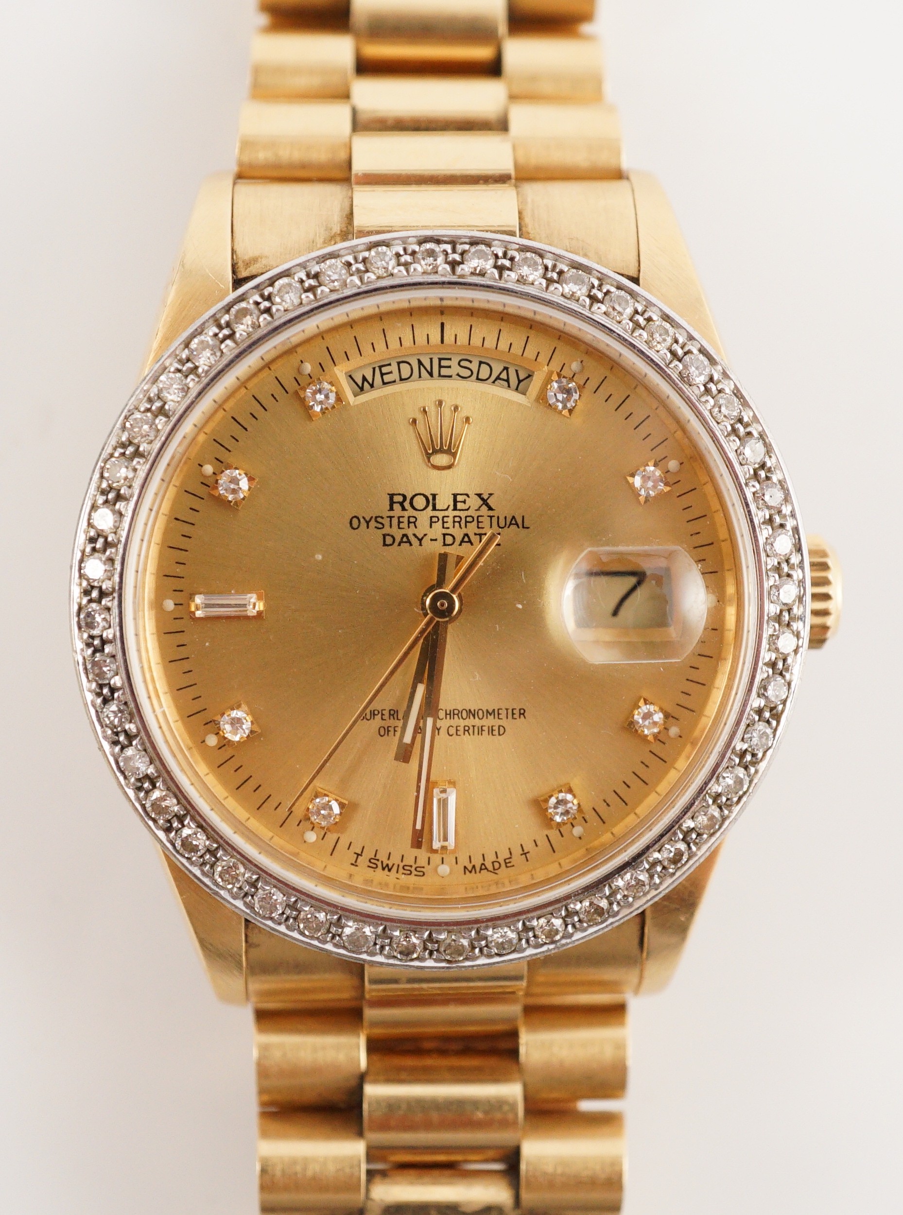 A gentleman's 1980's 18ct gold and diamond set Rolex Oyster Perpetual Day-Date wrist watch